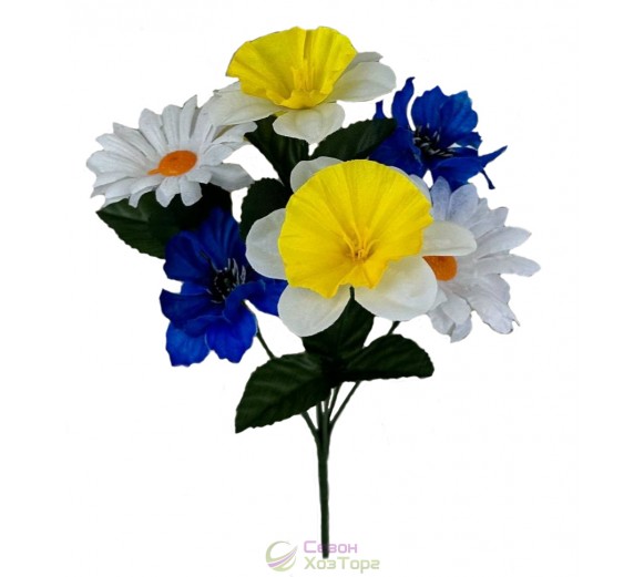 Искусственный букет из ромашек, васильков и нарциссов 36см (№6141)
