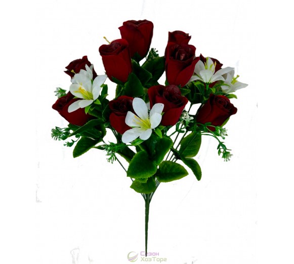Искусственные бархатные розы в бутонах с лилиями 54см (№8176)