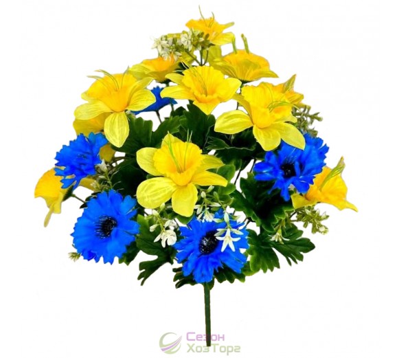 Букет искусственных синих васильков и желтых нарциссов 52см (№231)