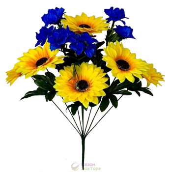 Букет искусственных желтых подсолнухов и синих васильков 52см (№6171)