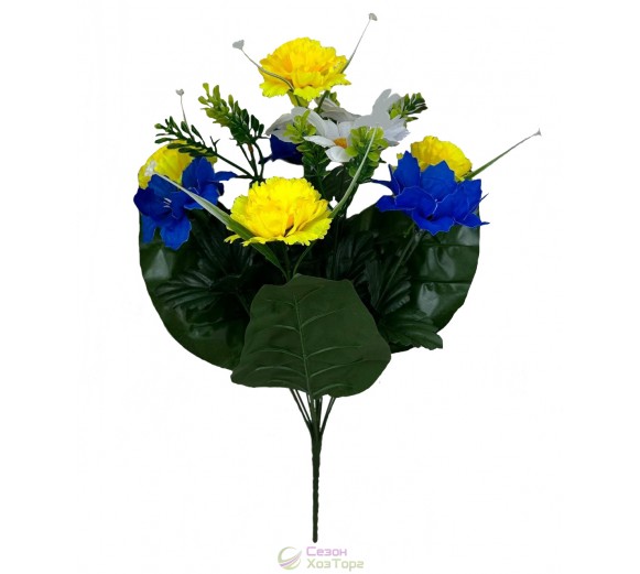 Букет из искусственных желто-синих цветов гвоздик, васильков и ромашек 47см (№6173)