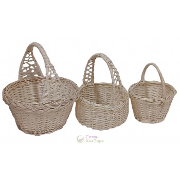 Плетені білі кошики з лози з подвійною ручкою (набір з 3 шт)