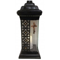 Лампадка Каплычка черная витражная с led-свечой "Крест золотой"