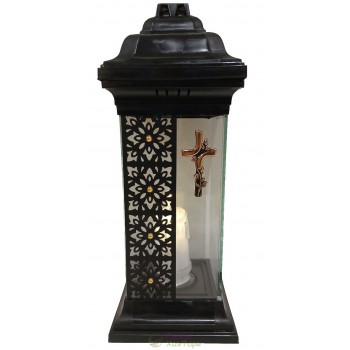 Лампадка Каплычка черная витражная с led-свечой "Крест золотой"