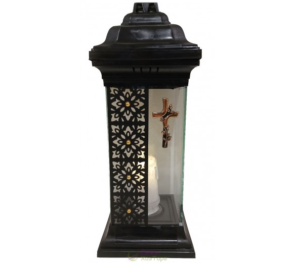 Лампадка Каплычка черная витражная с led-свечой "Крест золотой"