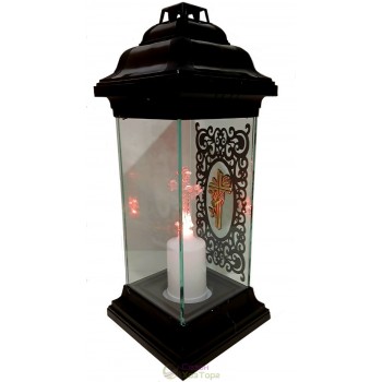 Лампадка Каплычка черная витражная с led-свечой "Крест с рукой"