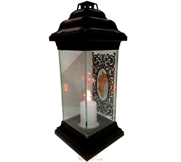 Лампадка Каплычка черная витражная с led-свечой "Крест с рукой"