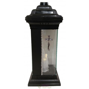 Лампадка Каплычка черная витражная с led-свечой "Крест серебряный"