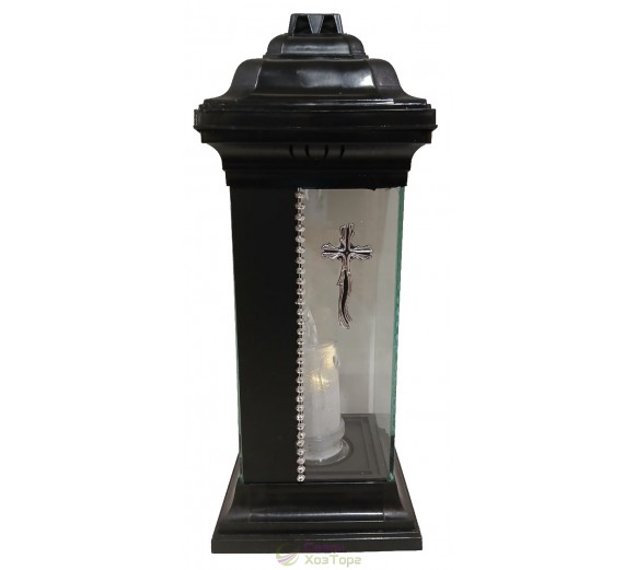 Лампадка Каплычка черная витражная с led-свечой "Крест серебряный"