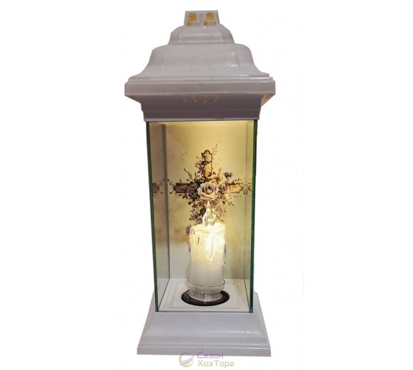 Лампадка Каплычка белая витражная с led-свечой "Крест в розах"
