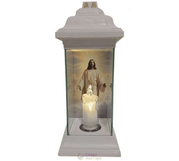 Лампадка Каплычка белая витражная с led-свечой "Иисус"