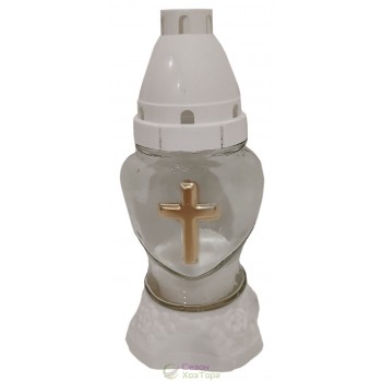 Лампадка стеклянная на 18 часов "Белое сердце с крестом"