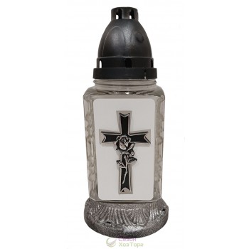 Лампадка стеклянная на 36 часов  "Крест с розой на белом фоне"