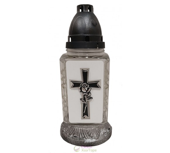 Лампадка стеклянная на 36 часов  "Крест с розой на белом фоне"