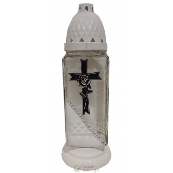 Лампадка стеклянная на 36 часов  "Крест с розой/белый край"