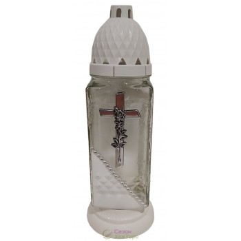 Лампадка стеклянная на 36 часов  "Крест с розой малой/белый край"