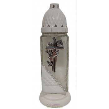 Лампадка стеклянная на 36 часов  "Крест с рукой/белый край"