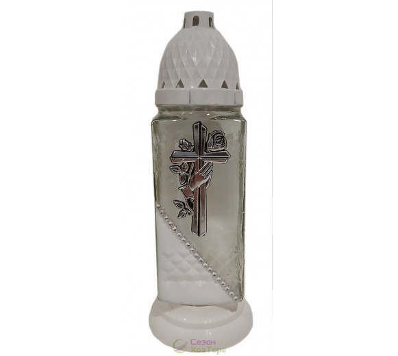 Лампадка стеклянная на 36 часов  "Крест с рукой/белый край"
