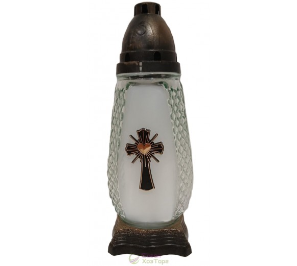 Лампадка стеклянная на 48 часов "Крест с сердцем"