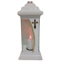 Лампадка Каплычка белая витражная с led-свечой "Крест золотой"