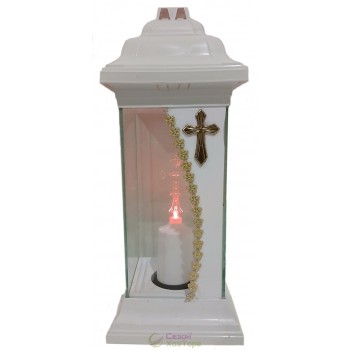 Лампадка Каплычка белая витражная с led-свечой "Крест золотой"