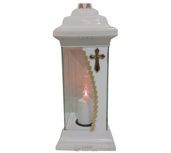 Лампадка Каплычка белая витражная с led-свечой "Крест золотой"