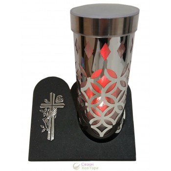 Лампадка на солнечной батарее, cеребряная, на подставке "Крест с рукой" 21,5см