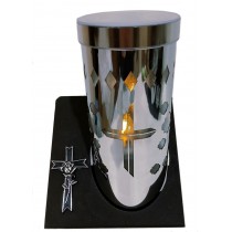 Лампадка на солнечной батарее, серебряная, на подставке "Крест с розой" 24,5см