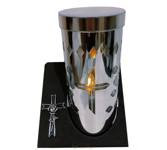 Лампадка на солнечной батарее, серебряная, на подставке "Крест с розой" 24,5см