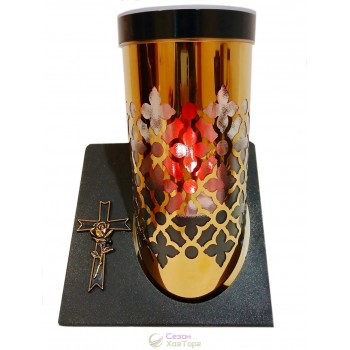 Лампадка на солнечной батарее, золотая, на подставке "Крест с розой" 24,5см